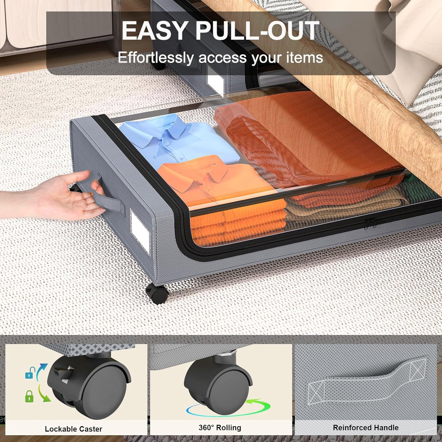 under Bed Storage with Wheels: XXL Underbed Storage Containers with Lids - Rolling Bins for Shoes Clothes in Dorm Bedroom - Metal Drawers Easy Pull-Out Grey 2-Pack