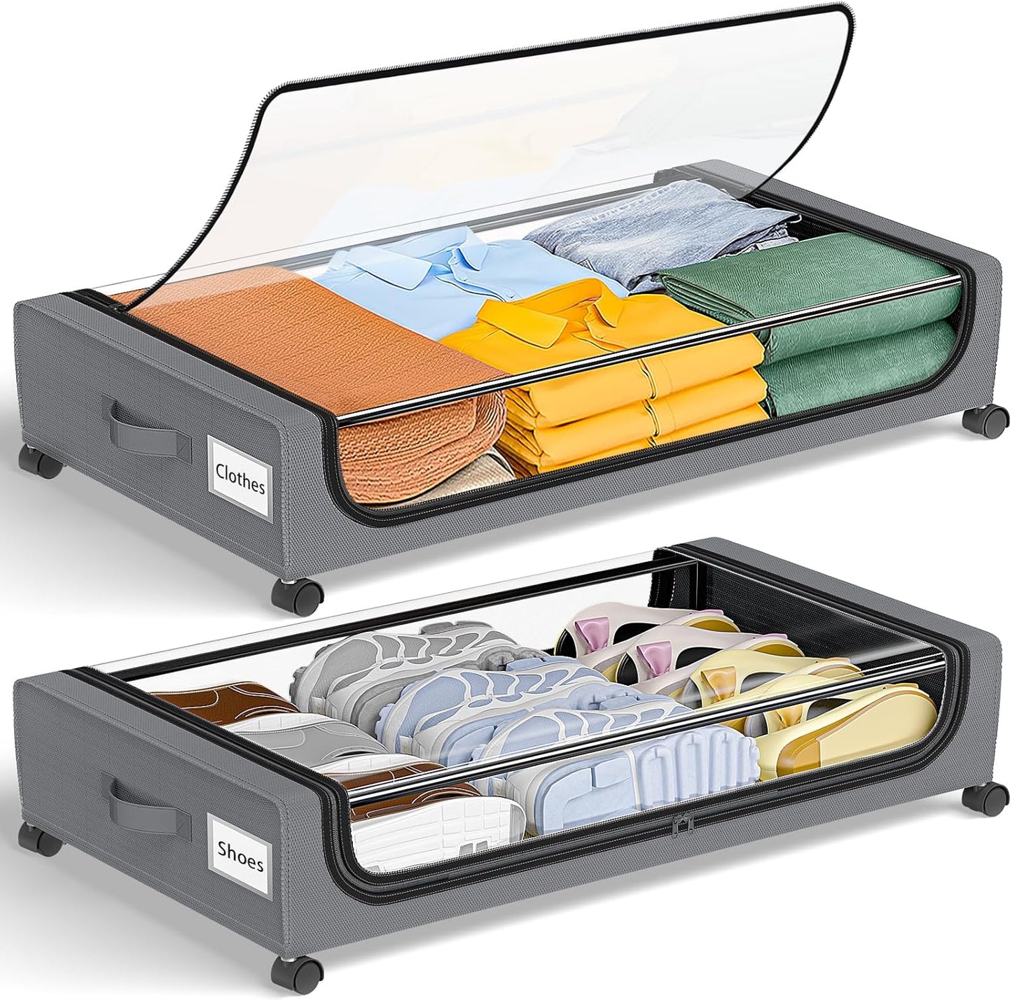 under Bed Storage with Wheels: XXL Underbed Storage Containers with Lids - Rolling Bins for Shoes Clothes in Dorm Bedroom - Metal Drawers Easy Pull-Out Grey 2-Pack