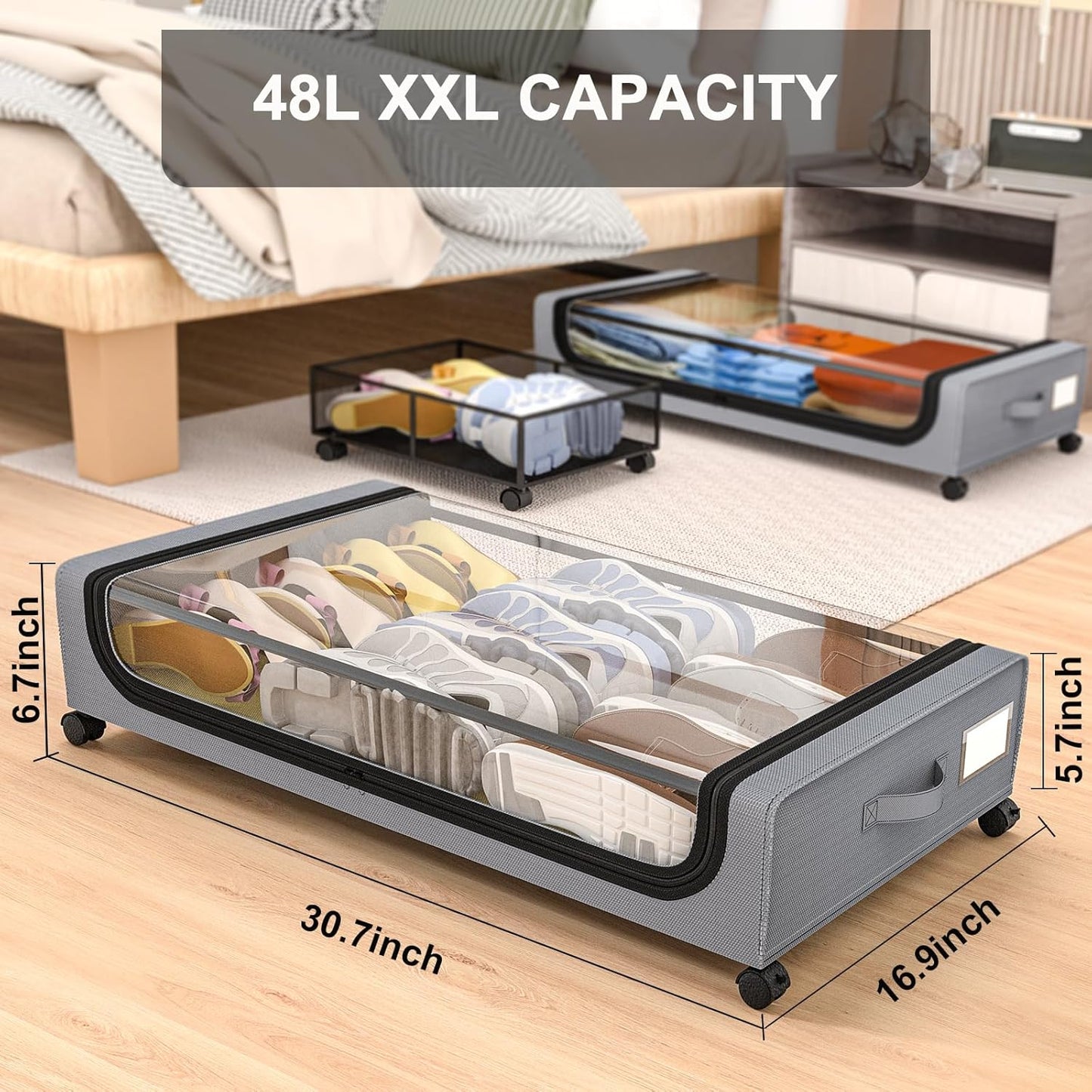 under Bed Storage with Wheels: XXL Underbed Storage Containers with Lids - Rolling Bins for Shoes Clothes in Dorm Bedroom - Metal Drawers Easy Pull-Out Grey 2-Pack